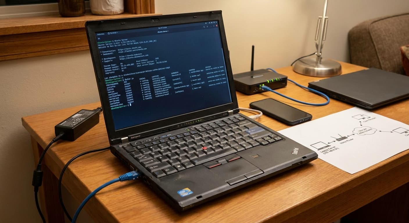 AI-generated illustration of a private home lab server setup with networking and containerized services